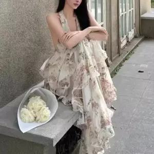 원피스 아침 홀터넥 브이넥 장미원 프렌치 여성패션 프린트 쉬폰 롱스커트 이슬 바캉스룩 DL1