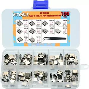 MTDELE 100Pcs 10종 타입-C USB 3.1 전자 제품 포트 수리 교체 키트용 여성 충전 도크 커넥터 6핀 및