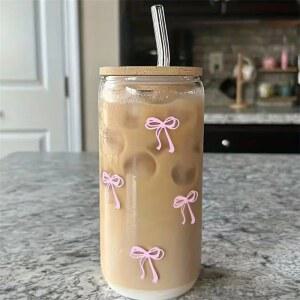 500ml 핑크 리본 귀여운 유리컵 뚜껑과 빨대가 있는 텀블러 아이스 밀크 커피 스무디 칵 말차 주스컵