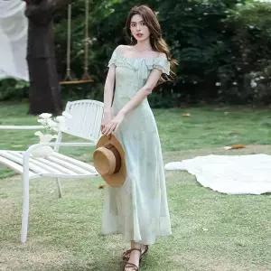원피스 치마 숄더 프린트 일자 쉬폰 사계절 비치 여성패션 오프 롱스커트 바캉스룩 프렌치 DL2