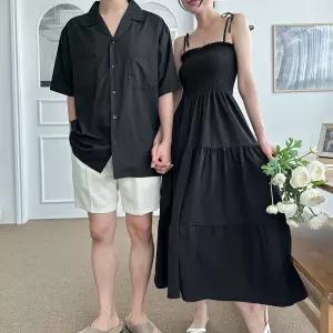 내꺼득템 남녀 커플룩 썸머룩 스모트밴딩 끈 롱원피스 반팔셔츠