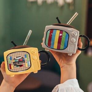 레트로 3D 텔레비전 세라믹 커피 머그컵 TV 모양 우유 맥주 뚜껑 가정용 컵 정교한 용품