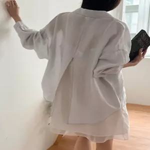 [09초이스][통기성좋은] 은근하게 백트임 포인트 시스루 린넨 셔츠 88048 빅사이즈 여성의류
