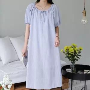 [다잇템]여자 여름 지지미 홈웨어 리본 스트라이프 면 롱원피스_25307352_588872