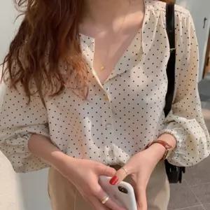 도트 긴팔 노카라 쉬폰 퍼프 소매 봄 가을 블라우스 퍼프소매블라우스