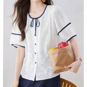 [하프클럽/]자수패턴 리본끈라운드넥 블라우스 5A99E8
