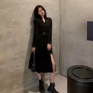 친절한탄씨 모던 시크 카라 패션 스타일링 벨트자켓 겸 롱원피스 모던원피스 벨트있는자켓 라인자켓