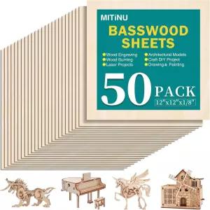 MITINU 50팩 공예용 배스우드 시트 12 x12 x1 /8 3mm 두께 합판 절단 목재 연소 건축 모델 염색을 위한