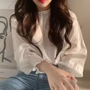 프릴 러플 플리츠소매 시스루 블라우스 여대생 패션 린넨블라우스 (WA94E73)