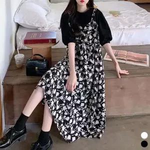 (스타일하우스)원피스 OPS 티셔츠 일체형 플라워패턴 뷔스티에 롱원피스