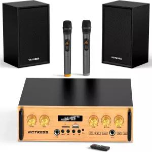 홈 오디오용 올인원 500W 파워 앰프 블루투스 5.0 하이파이 스피커 및 무선 UHF 마이크 2개 포함