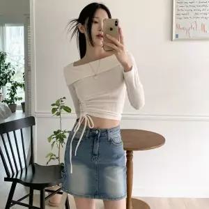 여성 골지 크롭 스트링 셔링 오프숄더 티셔츠 반지