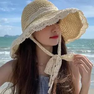 [패션] 휴양지 레이스 끈 리본묶음 왕골 모자