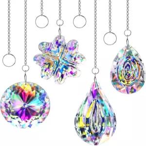 HDCrystalGIFTS 4pcs 창문 걸이용 크리스탈 선캐처 가정용 정원 장식 램프 샹들리에 프리즘용 실내 무지개