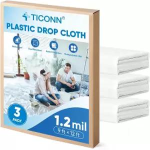 TICONN 12 x 9피트 플라스틱 드롭 천으로 페인팅 방수 페인트 시트 가구 커버용 방수포 바닥 보호 3PK