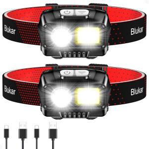블루카 LED 헤드램프 충전식, 2000L 고광도 초밝은 조광식 헤드라이트 손전등(모션 센서 포함)- 8가지 모드, 스포트라이트 & 플러드라이트, 캠핑, 하이킹, 러닝, 낚시를 위한 IPX5 방수 기능 - 2팩