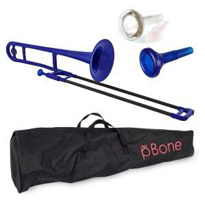pBone Bb 플라스틱 트롬본 - 인체공학적 그립을 갖춘 경량 pInstruments 디자인 - 마우스피스 및 휴대용 가방 포함 - 학생 및 초보자를 위한 정통 Bb 사운드 - 내구성 있는 ABS - 파란색