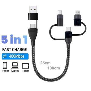PD 65W 4 5 in 1 USB C 멀티 고속 충전 케이블 나일론 편조 싱크 데이터 A/C - Type C/마이크로 (아이폰 호
