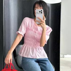 [옷자락]여자 스모크밴딩 진주 페플럼 프릴 썸머 블라우스