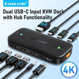 레모렐레 H200 USB-C KVM 스위치 허브 4k@60Hz 듀얼 HDMI to 100W PD 플러그 앤 플레이 480 Mbps 스위처 (P