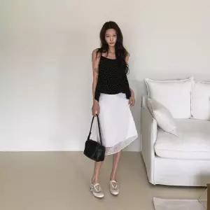 [옷자락]여자 데일리 팝콘 자수 시스루 레이어드 미디 스커트