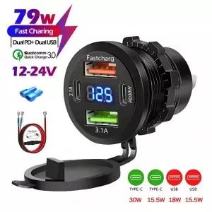 새로운 USB 차량용 충전기 소켓 듀얼 Type-C 및 포트 LED 전압계로 방수 모토 어댑터 용 고속 충전 12V/24V
