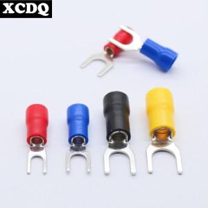 100pcs SV 황동 압착 전기 터미널 포크 모양 스페이드 대형 전류 최종 프레스 와이어 커넥터 슬리브 포함