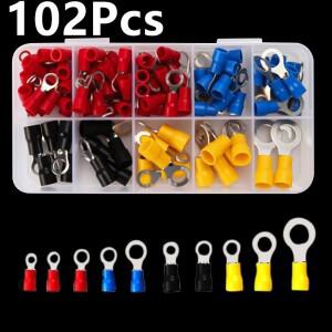 102pcs 압착 스페이드 황동 터미널 전기 와이어 케이블 커넥터 키트 절연 링 포크 도구