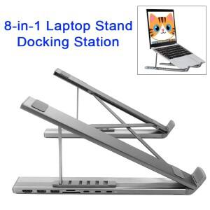 8-in-1 노트북 스탠드 도킹 스테이션 알루미늄 스틸 접이식 및 높이 조절 가능 USB C 도크 태블릿 타입-C