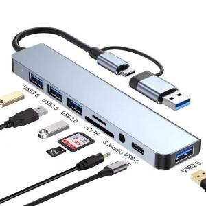 8in1 USB C 타입 허브 도킹 스테이션 3.5mm 오디오 잭 어댑터 마이크로 SD 카드 리더 노트북 태블릿 폰 디