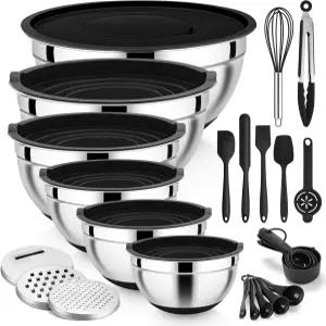 밀폐 뚜껑 세트가 있는 E-파 믹싱 볼 강판 부착물이 25PCS 스테인리스 스틸 네스팅 준비 조리 베이킹 서빙