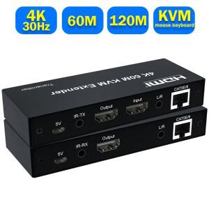 4K 120M HDMI KVM 익스텐더 60M over RJ45 이더넷 Cat6e/6 케이블 USB 송신기 수신기 키트 지원 마우스 키