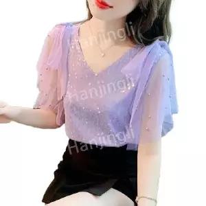 스팽글 상의 반팔 여름 라틴댄스복 블라우스 파티 V넥 티셔츠 라인댄스복 여성 무대의상