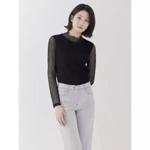 지센 주름 레이스 긴팔 티셔츠 LFTSP301_BK