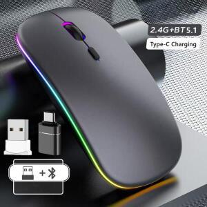 LED 무선 마우스 블루투스 호환, 2.4GHz 슬림 충전식 무소음 RGB 인체 공학적 게이밍 컴퓨터 노트북 PC용