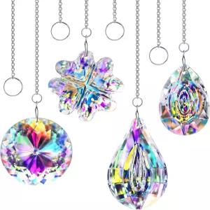 HDCrystalGIFTS 4pcs 창문 걸이용 크리스탈 선캐처 가정용 정원 장식 램프 샹들리에 프리즘용 실내 무지개