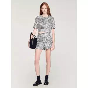 SANDRO Sequin Houndstooth Tweed 반바지 - 블랙 / 흰색 1024030