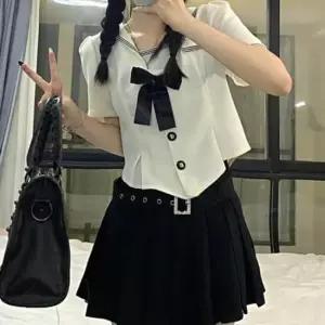 아이보리 퍼프절개 반팔 버클치마 세라복 교복세트