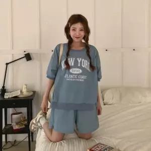 옷자락 여자 뉴욕 레터링 바스락 나일론 루즈핏 여름 반팔 반바지 트레이닝 투피스 세트