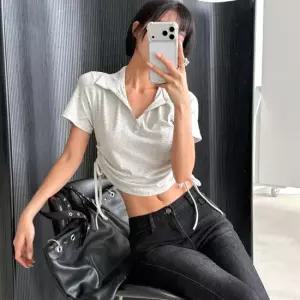 옷자락 여자 배꼽티 크롭 반집업 카라넥 옆셔링 여름 티셔츠