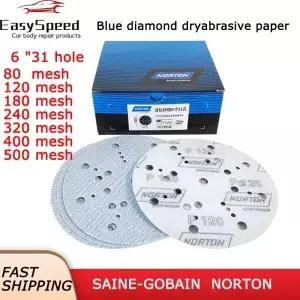 산 노턴 블루 샌드페이퍼 6인치 31홀 150mm 벨벳 스트랩 자가 접착식 자동차용 건식 원형 연마재