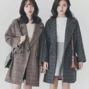 스타일리시 체크 패턴 루즈핏 모직 자켓