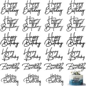 Barydat 24피스 블랙 생일 축하 케이크 토퍼 미러 아크릴 컵케이크 표지판 사이드 장식 6가지 스타일
