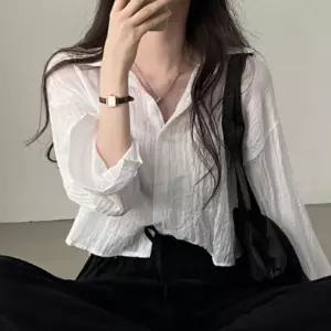 여성 레이어드 남방 루즈핏 시스루 솔리드 숏 긴팔 셔츠
