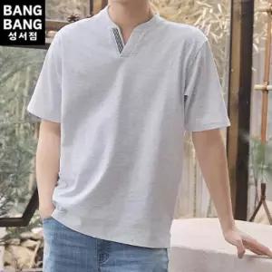 HC04 여름 남성 브이 트임 헨리넥 반팔 티  오픈카라 배색 무지 반팔 티셔츠 N