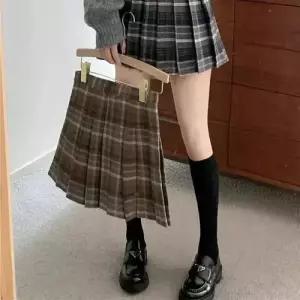 쉬폰 체크 방지 플리츠 A라인 시폰 노출 치마 여성용 모직 빈티지 춘추 BE3