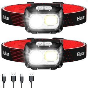 블루카 LED 헤드램프 충전식, 2000L 슈퍼 브라이트 헤드라이트, 모션 센서 포함 - 디밍 가능한 밝기, 8가지 모드, 스포트라이트 & 플러드라이트 & 레드 라이트 조합, 하이킹, 캠핑을 위한 IPX5 방수 기능 - 2팩