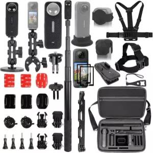 Insta360 X4 Air용 펠킹 액세서리 키트 벨트 포함 휴대용 케이스 2개의 금속 1/4인치 어댑터 핸들바 마운트 마그네틱 43인치 셀카봉 가슴 스트랩 헤드 백팩 클립 등