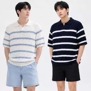 [NS홈쇼핑]여름 단가라 꽈베기 니트 반팔 카라넥 티셔츠 남성 남자 케이블 스트라이프..