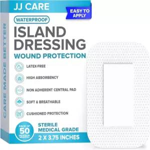 JJ CARE 접착 아일랜드 드레싱 50팩 2375 멸균 경계 거즈 통기성 논스틱 중앙 패드가 있는 개별 포장 붕대